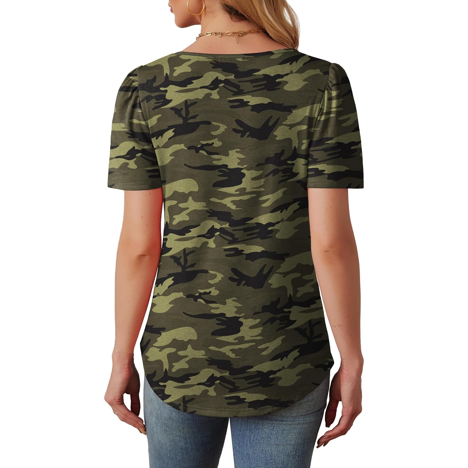 OFEEFAN Womens T Shirts Short Sleeve Tops Dressy Casual Blouses Spring Summer Outfits Flowy Pleated Front Scooped Neck