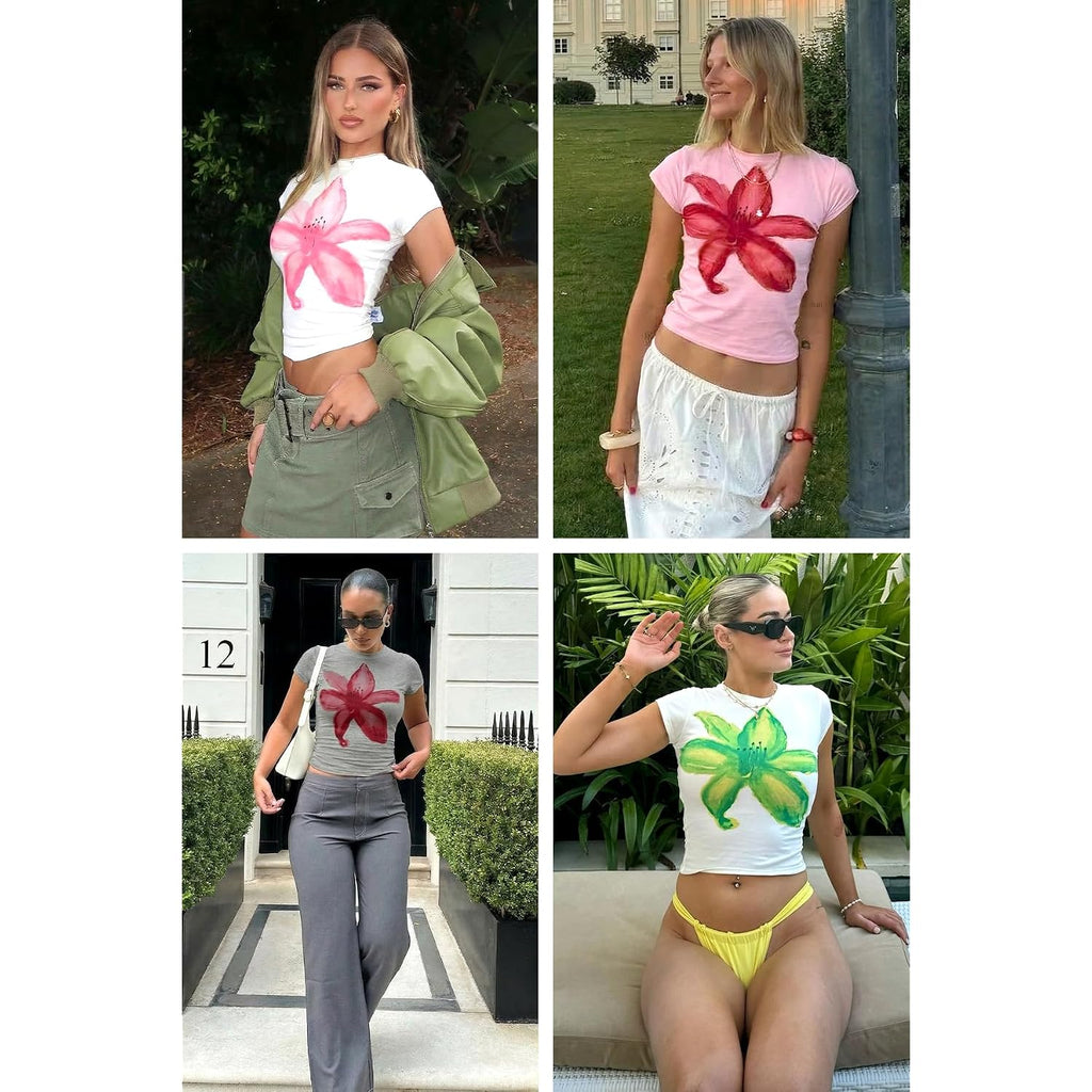 Tankaneo Womens Y2K Graphic Baby Tees Summer Floral Print Crop Tops Cotton Short Sleeve Slim Fit T-Shirts