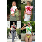 Tankaneo Womens Y2K Graphic Baby Tees Summer Floral Print Crop Tops Cotton Short Sleeve Slim Fit T-Shirts