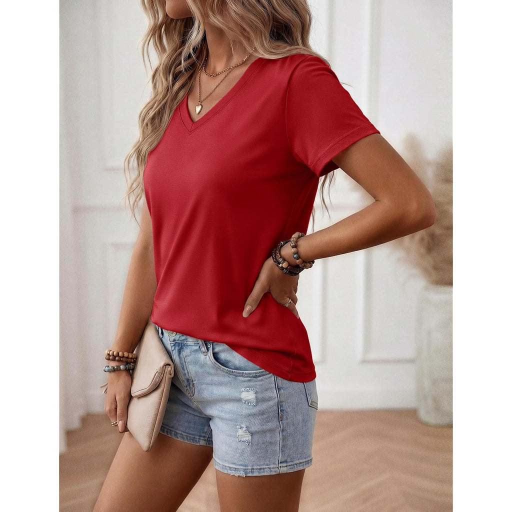 YUCOLEN Womens Shirts Cotton Summer Short Sleeve Tops V Neck Casual Basic Tee Breathable Soft Solid T-Shirt