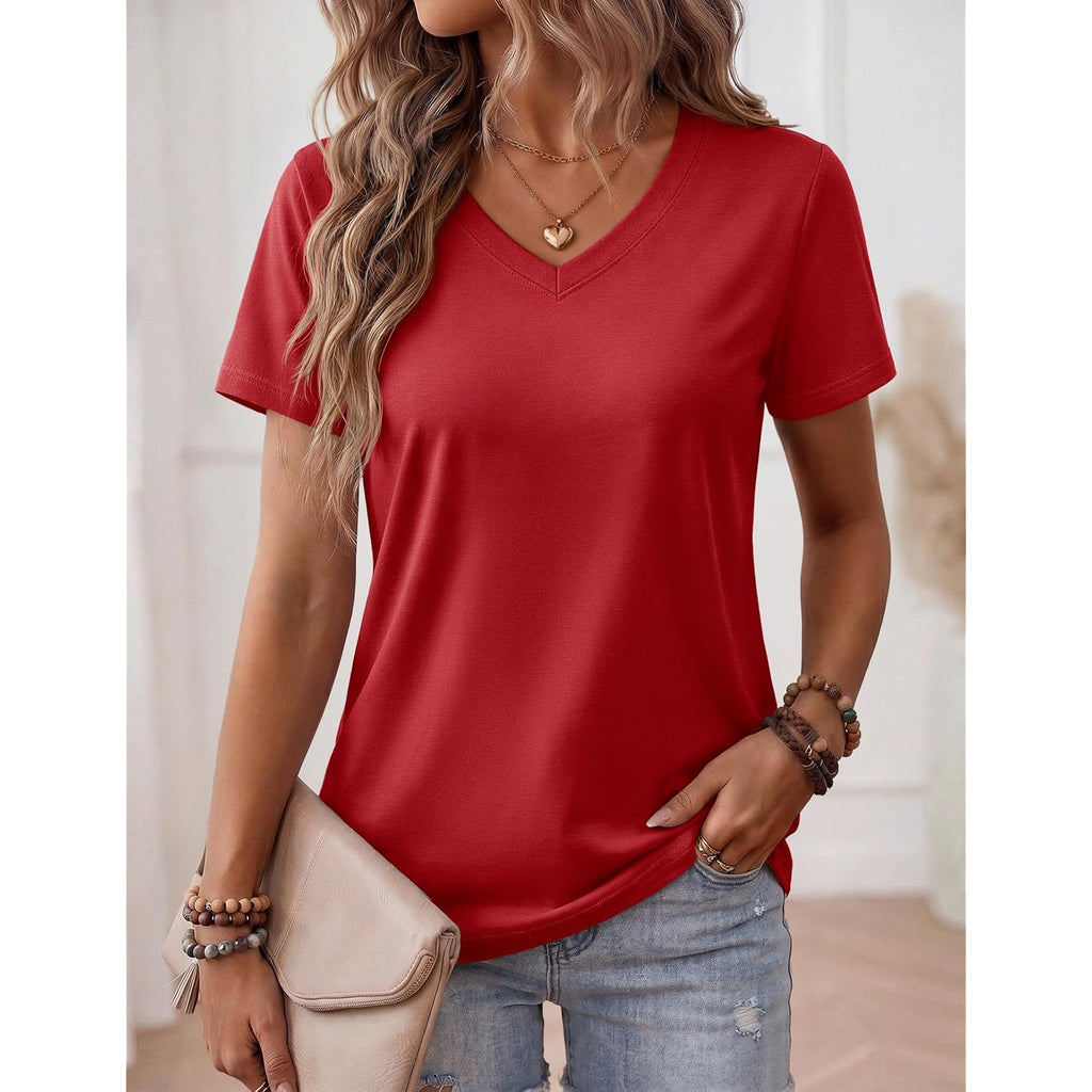 YUCOLEN Womens Shirts Cotton Summer Short Sleeve Tops V Neck Casual Basic Tee Breathable Soft Solid T-Shirt