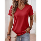 YUCOLEN Womens Shirts Cotton Summer Short Sleeve Tops V Neck Casual Basic Tee Breathable Soft Solid T-Shirt