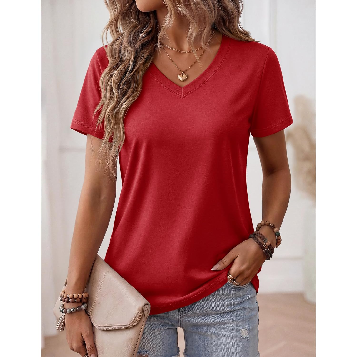 YUCOLEN Womens Shirts Cotton Summer Short Sleeve Tops V Neck Casual Basic Tee Breathable Soft Solid T-Shirt