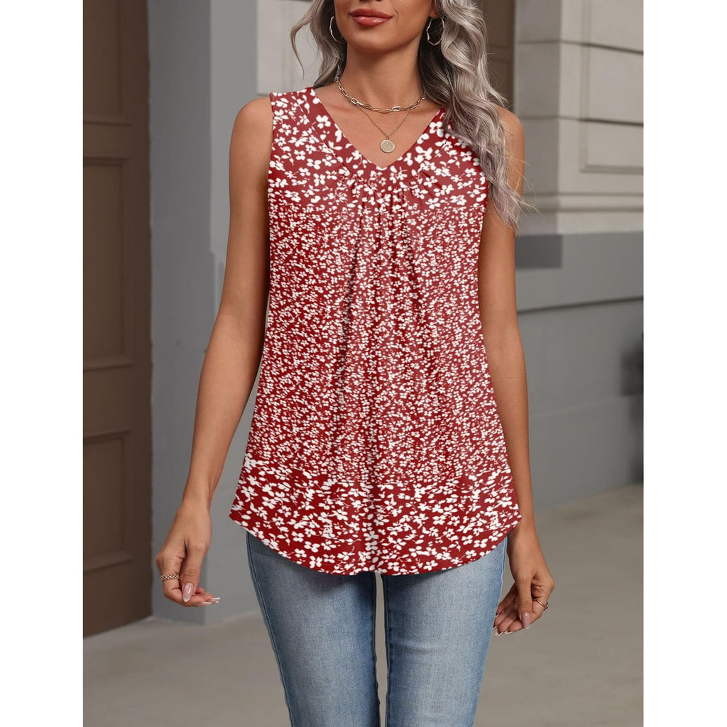 Women's Pleated V-Neck Tank Top Red Floral Fragments