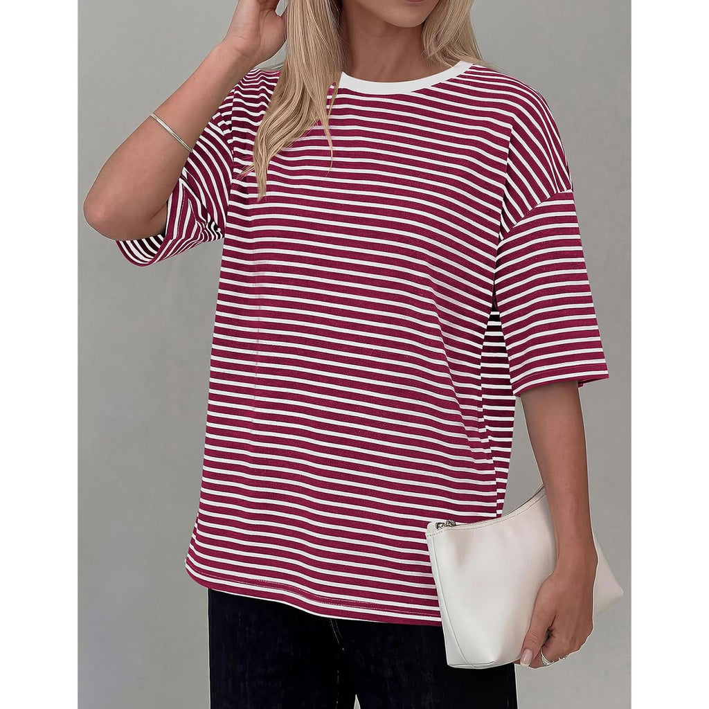 PRETTYGARDEN Women Short Sleeve Crewneck Ribbed Knit Oversized Tshirts 2026 Striped Summer Tops Basic Tee Casual Outfits