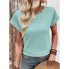 Dokotoo Womens Summer Tops 2026 Waffle Knit Lace Hollow Out Short Sleeve T-Shirts Crewneck Casual Loose Basic Tee Blouses