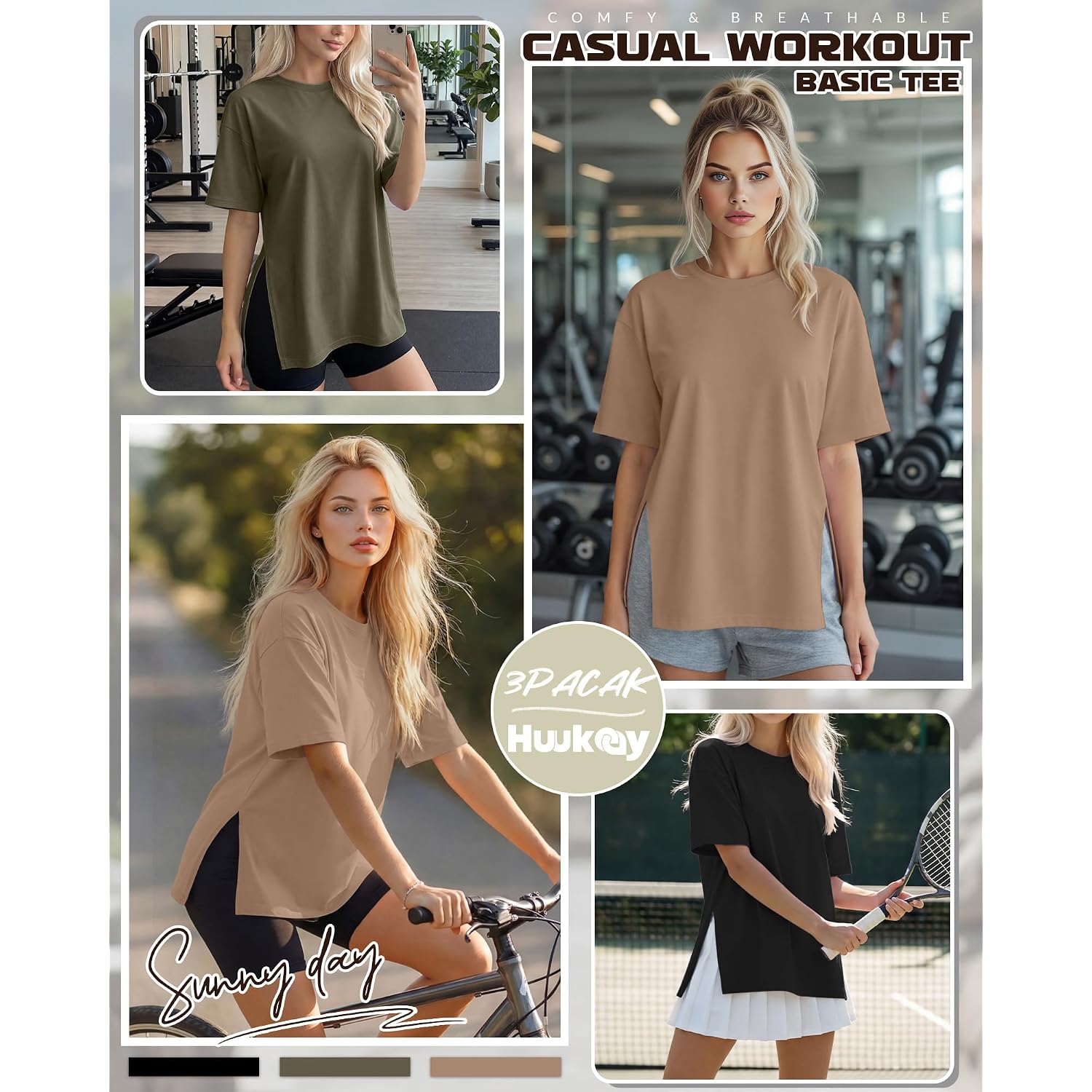 Huukeay 3 Pack Women's Oversized Workout T Shirts Short Sleeve Loose Fit Gym Tops Crewneck Casual Summer Basic Tees