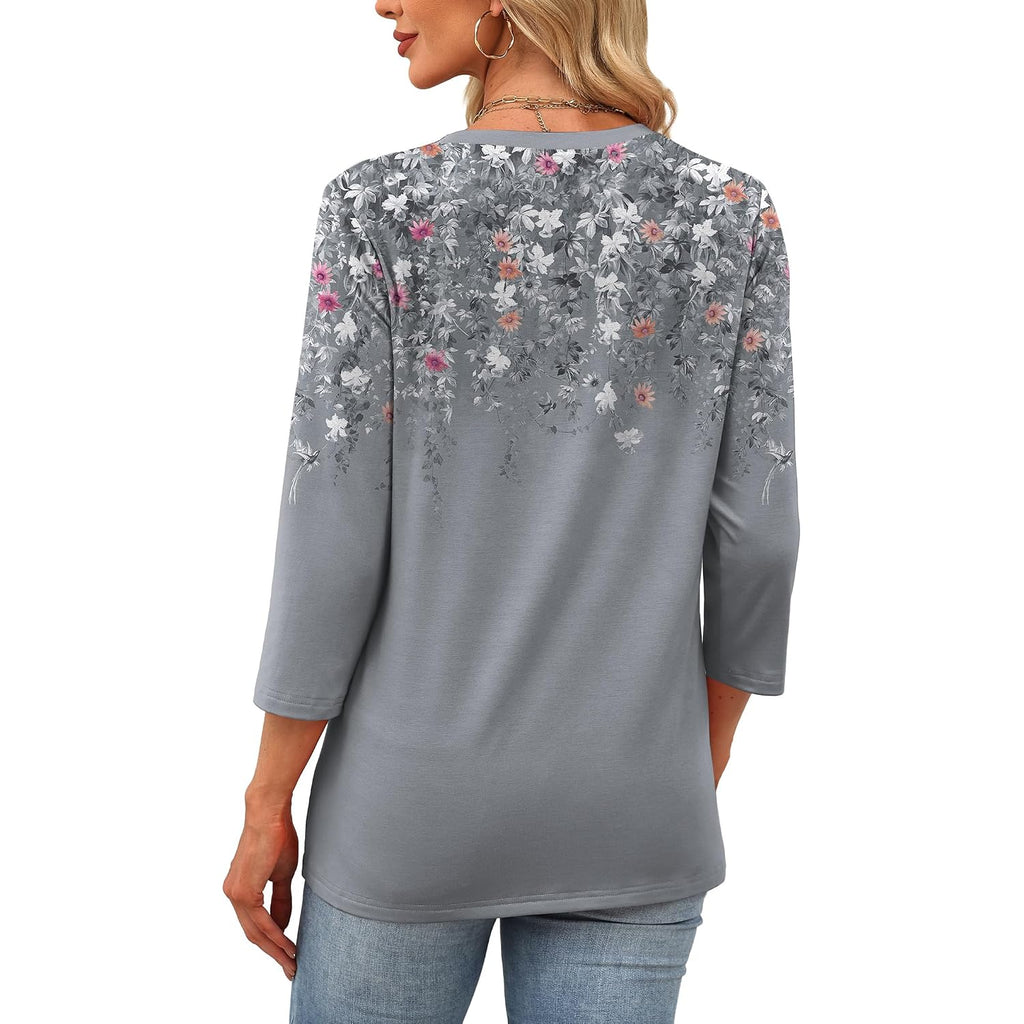 OFEEFAN 3/4 Length Sleeve Womens Tops Dressy Casual Blouses Crew Neck T Shirt Fashion Clothing Loose Fit
