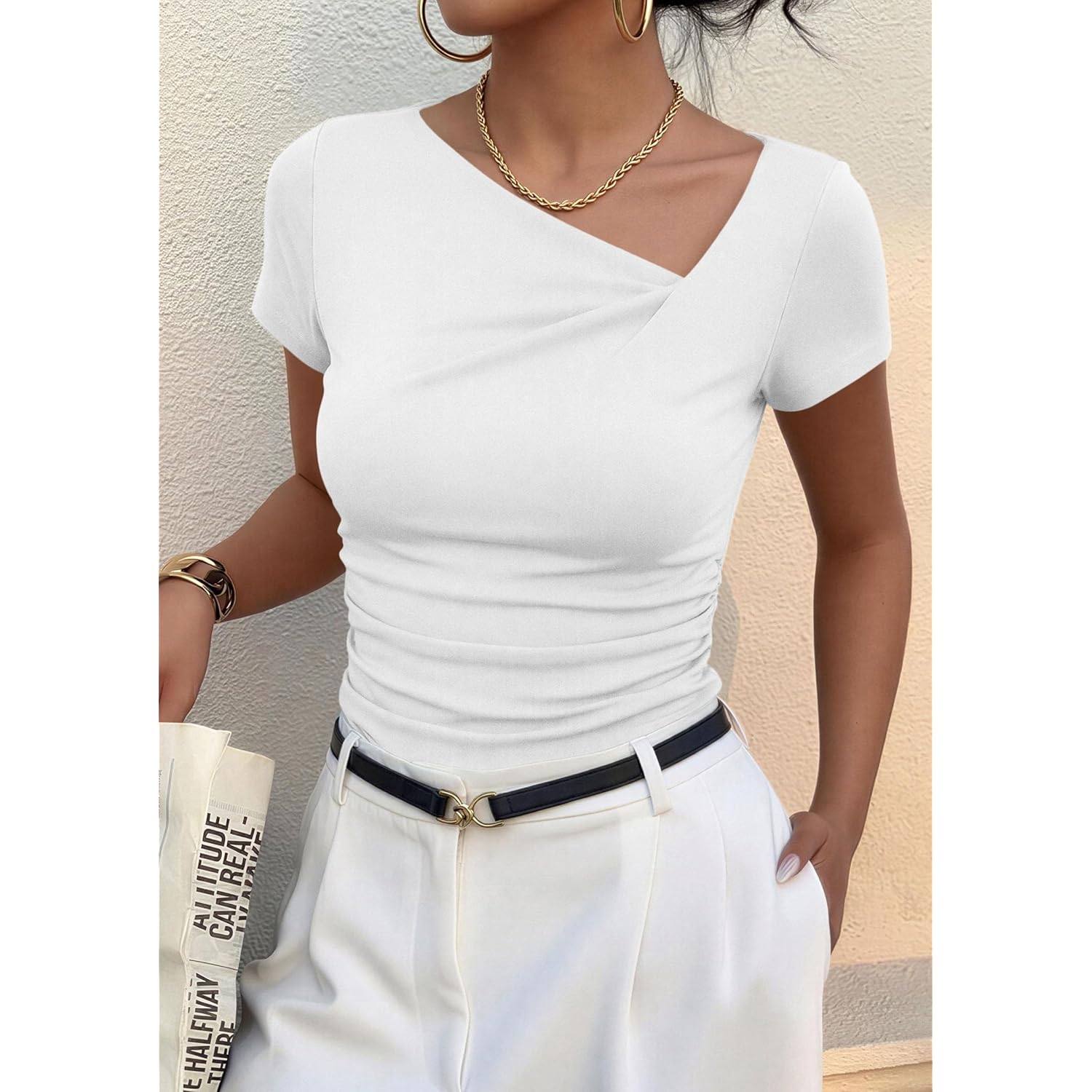 Women's Asymmetrical Ribbed T-Shirt Light Blue Butterfly