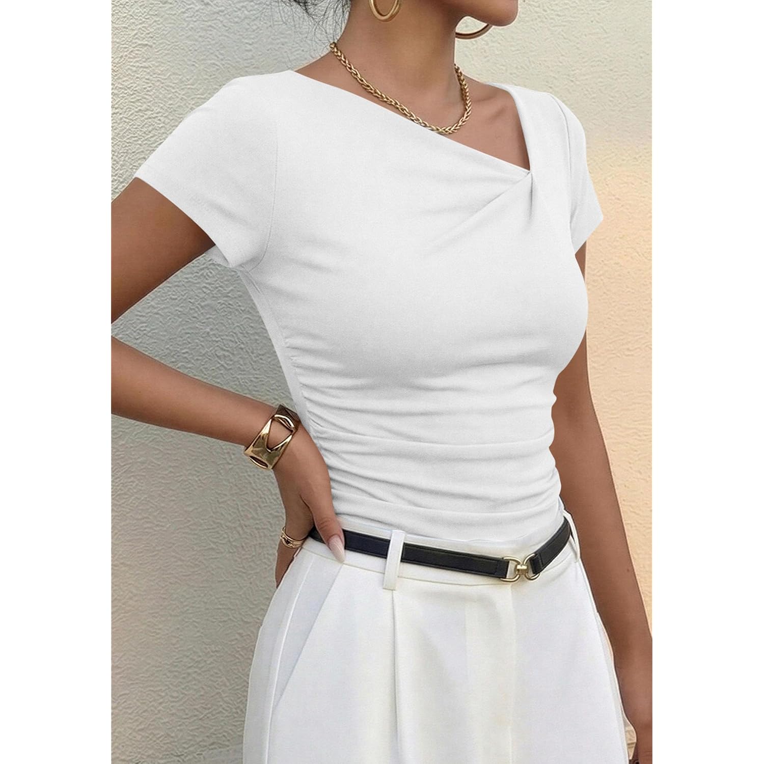 Women's Asymmetrical Ribbed T-Shirt Light Blue Butterfly