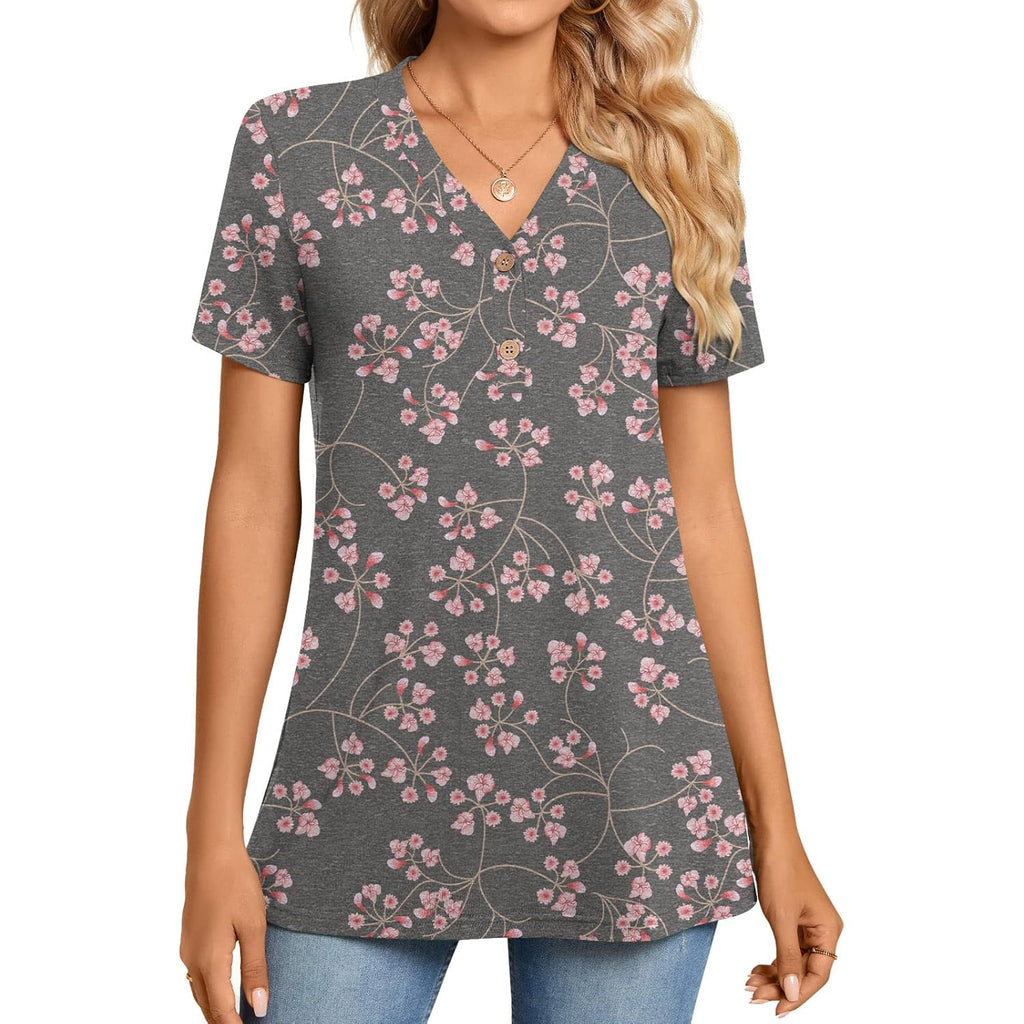 Women's Button-Up Henley Tunic Top Black Gypsophila Floral