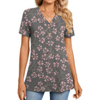 Women's Button-Up Henley Tunic Top Black Gypsophila Floral