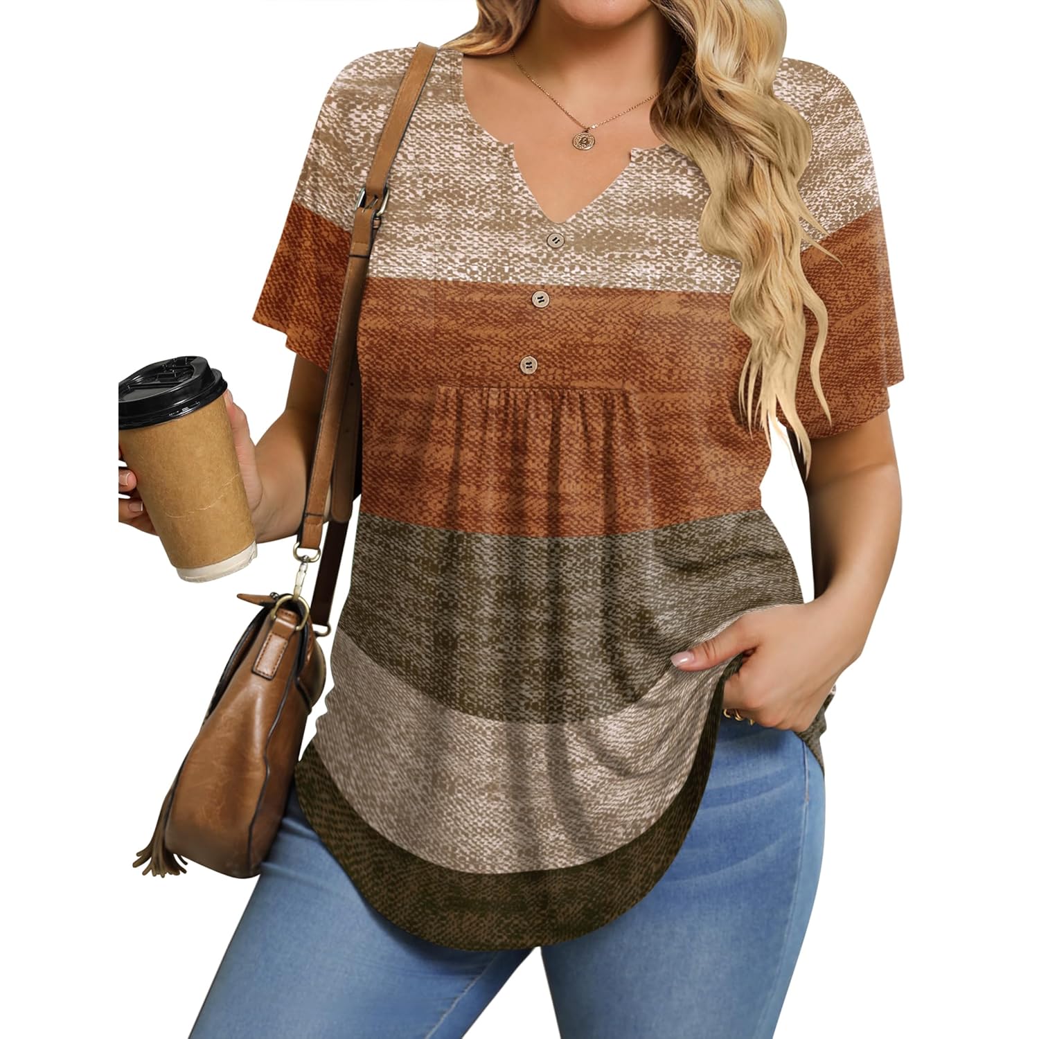 Women's Button-Up Pleated V-Neck Tunic Top Multicolor Block