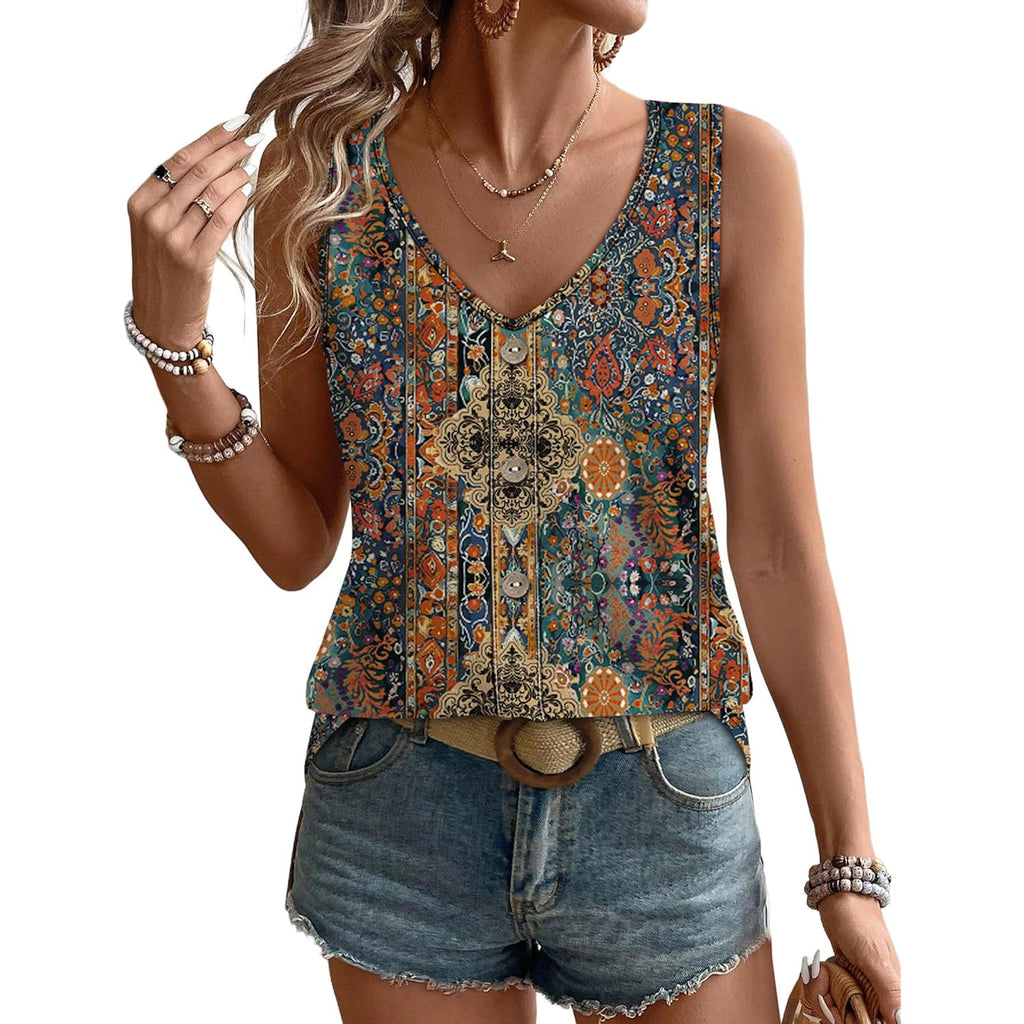 Women's Eyelet V-Neck Tank Top Orange Ethnic Floral