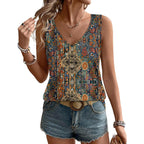 Women's Eyelet V-Neck Tank Top Orange Ethnic Floral