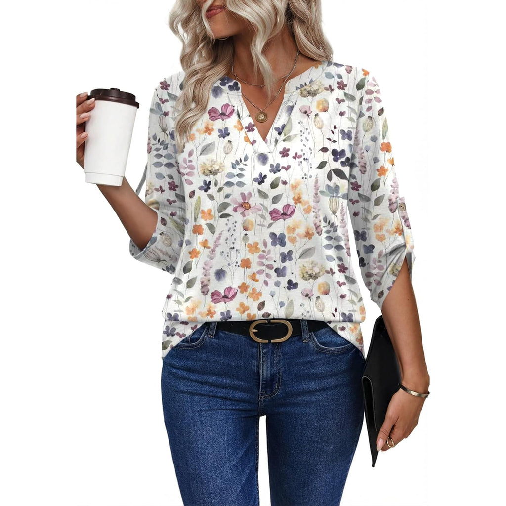 Women's Button Detail V-Neck Tunic Top White Floral