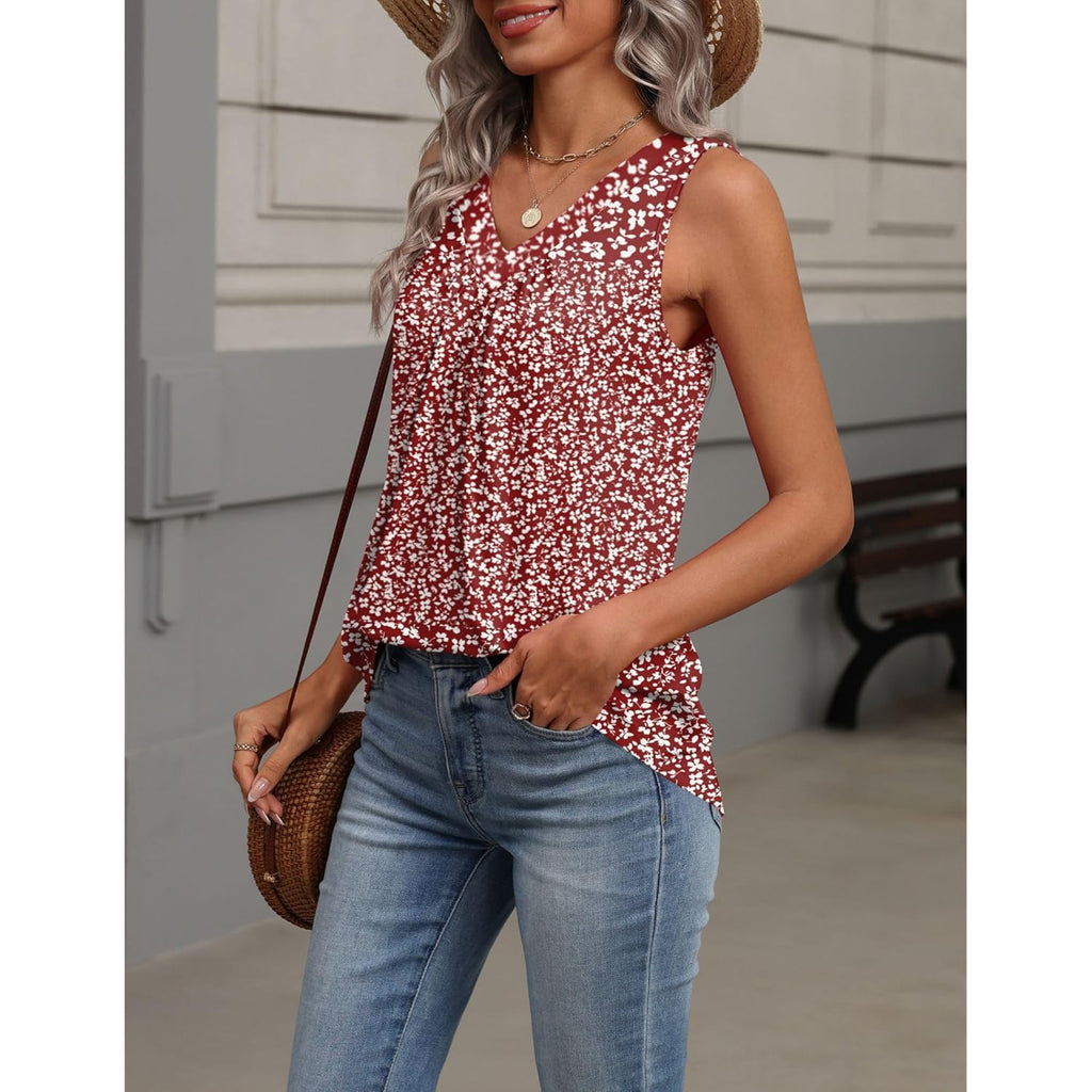 Women's Pleated V-Neck Tank Top Red Floral Fragments