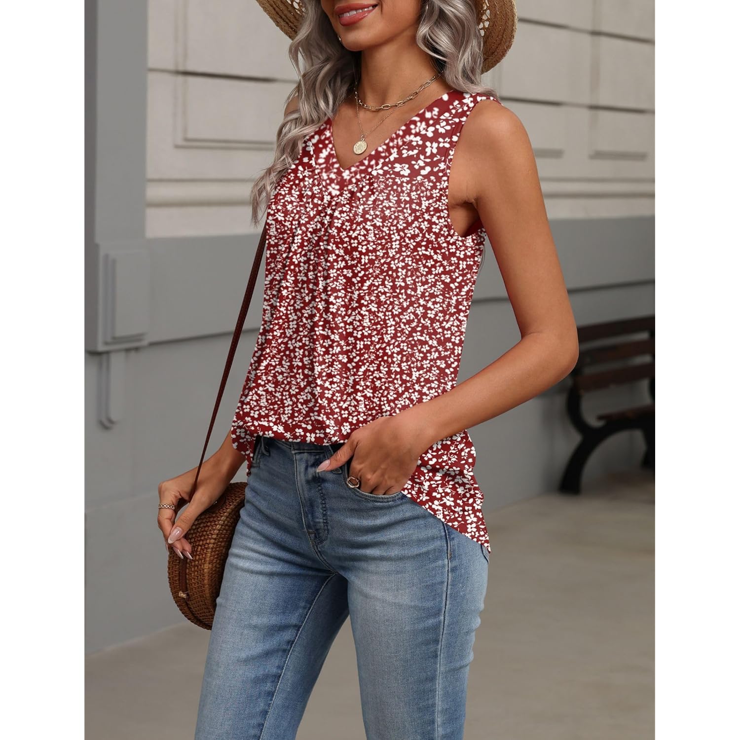 Women's Pleated V-Neck Tank Top Red Floral Fragments