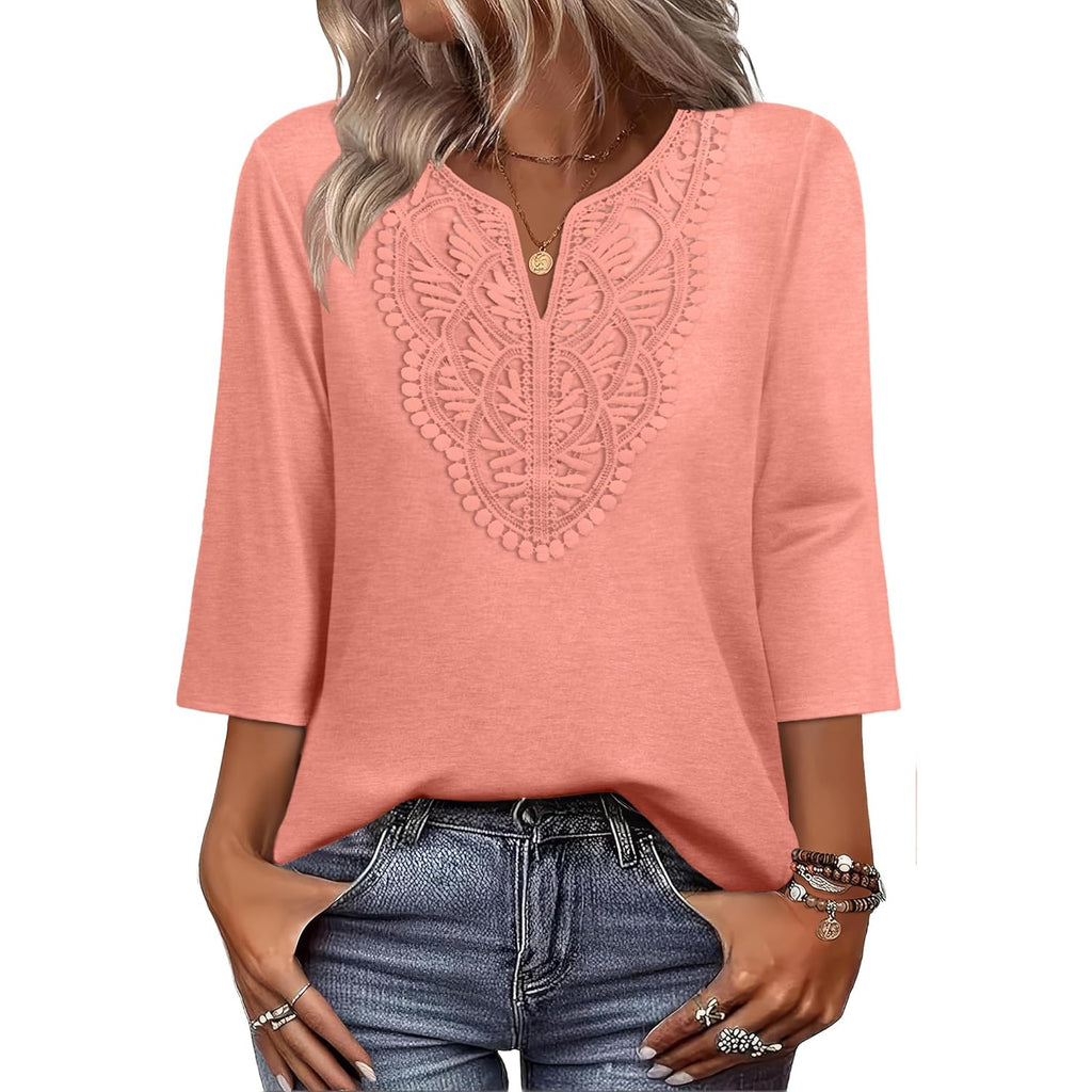 Women's Boho Lace V-Neck Tunic Top Coral