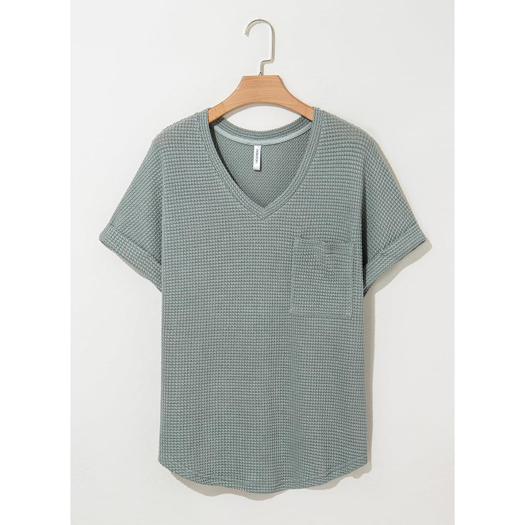 Dokotoo Womens Waffle Knit Tops 2026 Spring Summer V Neck Shirts Casual Trendy Women's Blouses Basic Tee