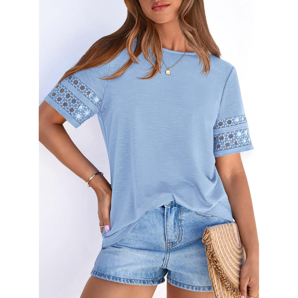 PRETTYGARDEN Summer Tops for Women 2026 Lace Short Sleeve T-Shirts Casual Blouses Spring Fashion Clothes Vacation Outfits