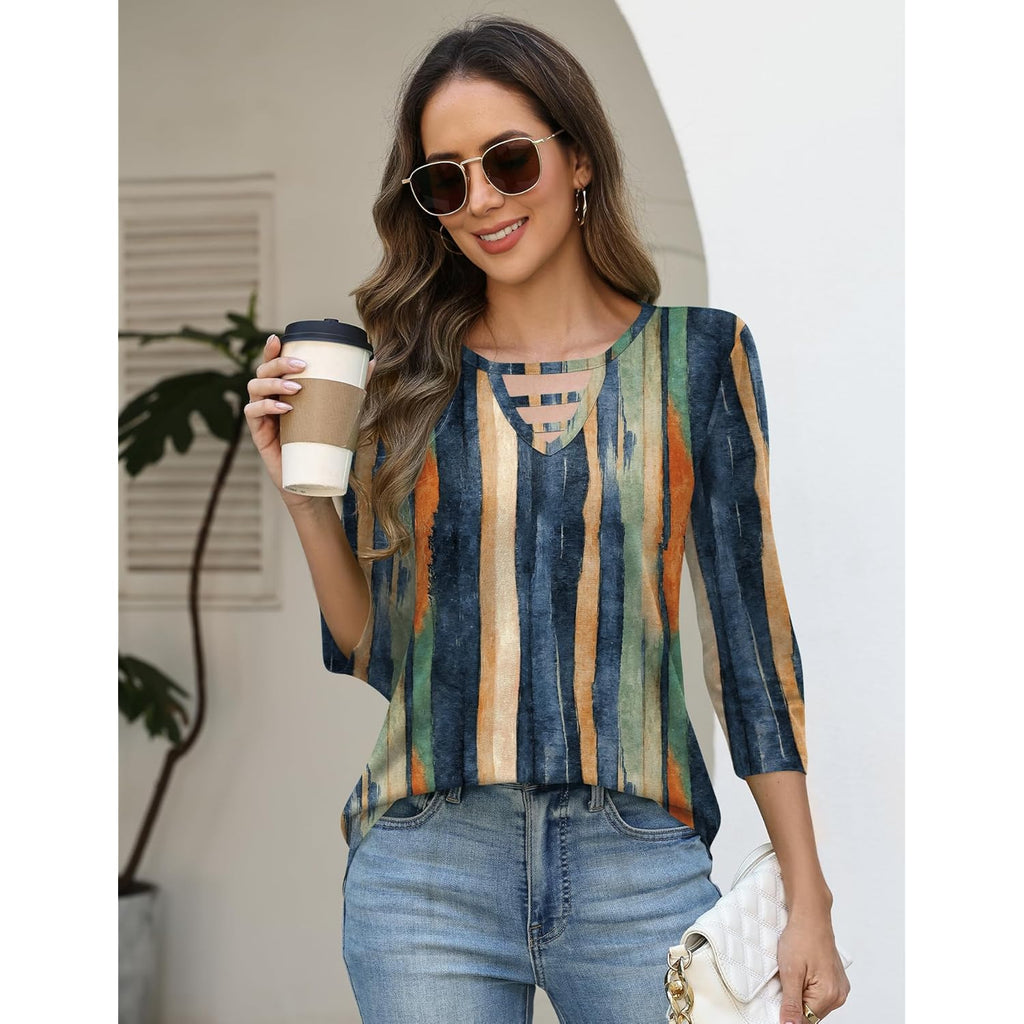 Women's Hollow Out Crew Neck Tunic Top Retro Stripes