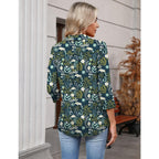 Women's 3/4 Sleeve Collared Polo Shirt Navy Blue Floral