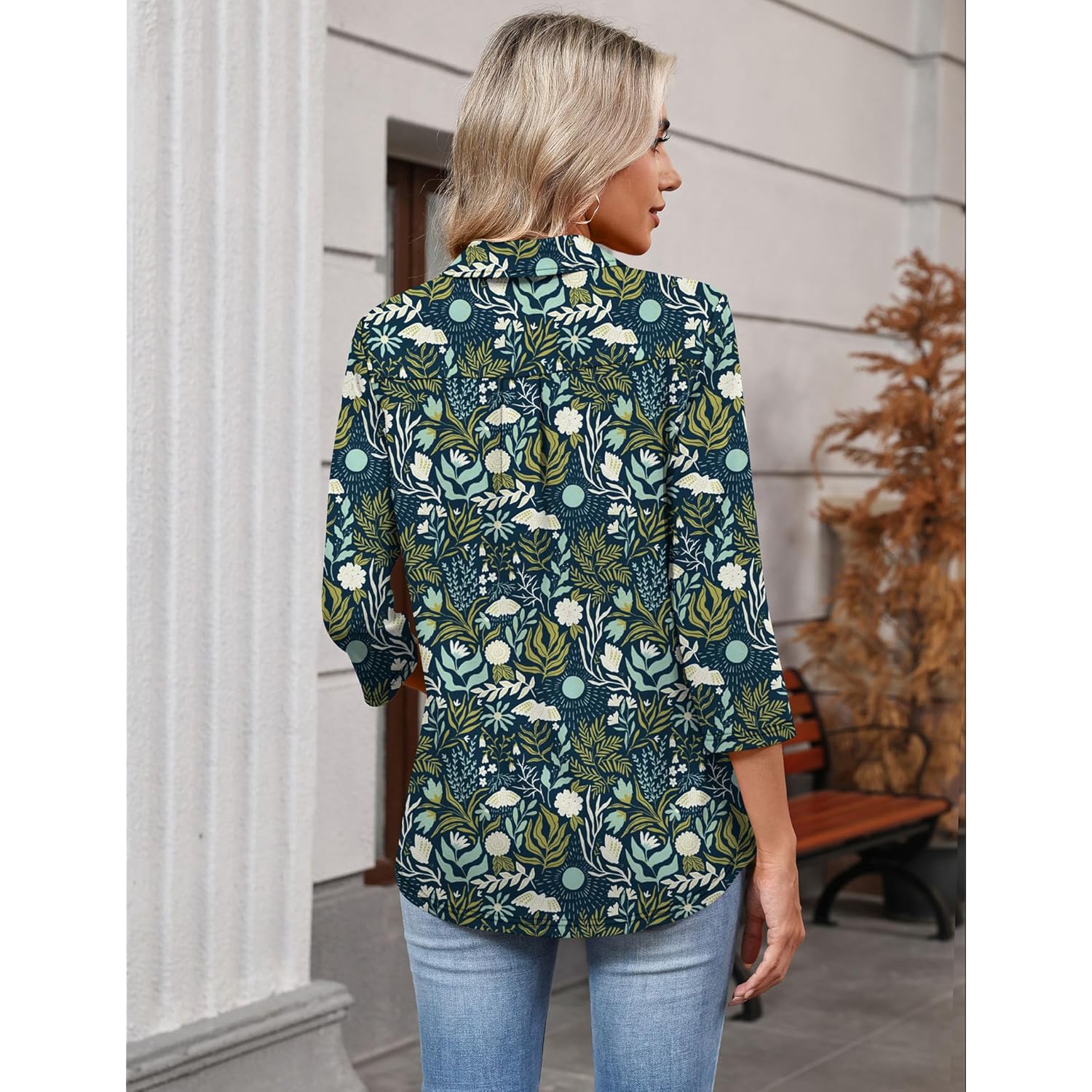Women's 3/4 Sleeve Collared Polo Shirt Navy Blue Floral