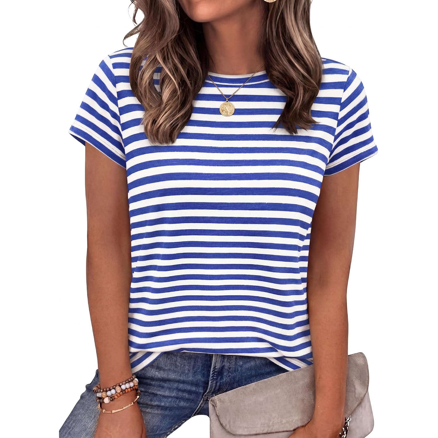 BTFBM Tops for Women Trendy Summer 2026 Crew Neck Short Sleeve T Shirts Striped Casual Vacation Blouse Basic Tee