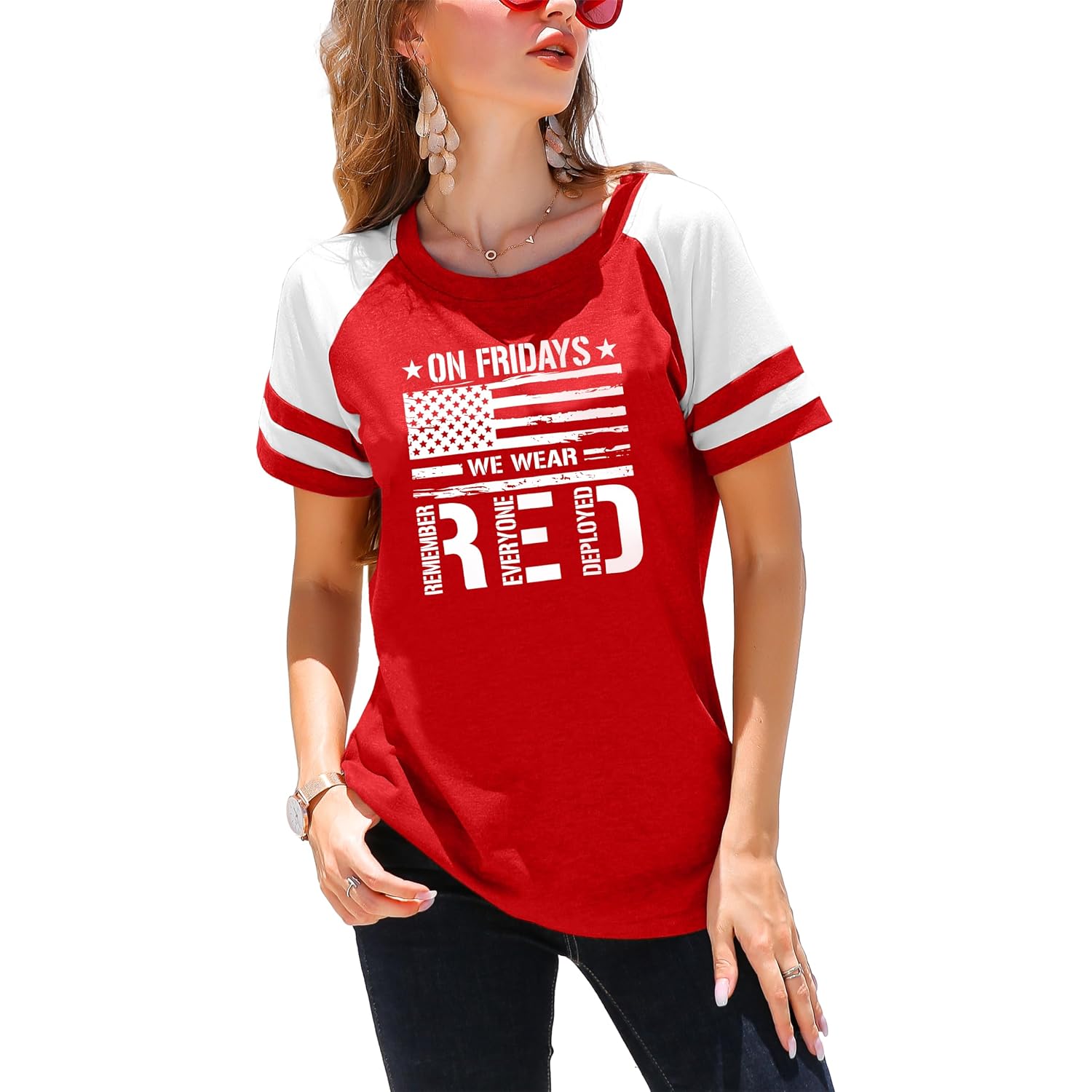 American Flag Shirt Women 4th of July Shirts USA Flag Graphic Patriotic Tshirt Raglan Color Block Tops