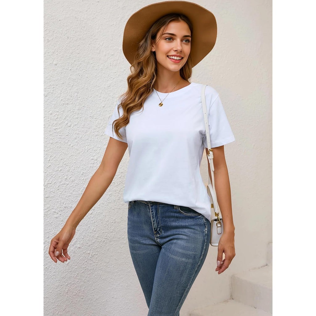 100% Cotton Basic T Shirts for Women Crew Neck Short Sleeve Summer Solid Loose Fit Plain Workout Tops, Undershirts
