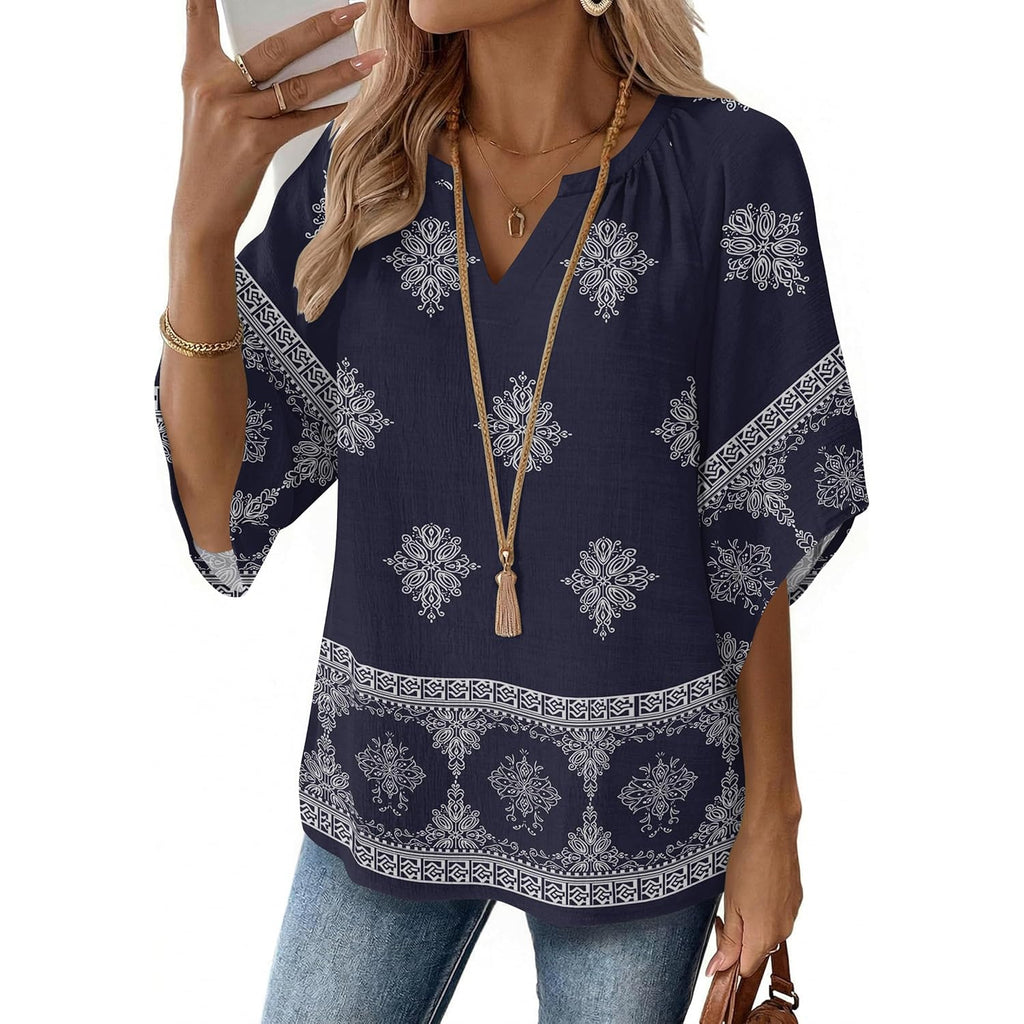 Women's Floral Boho V-Neck Tunic Top Navy Blue