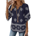 Women's Floral Boho V-Neck Tunic Top Navy Blue