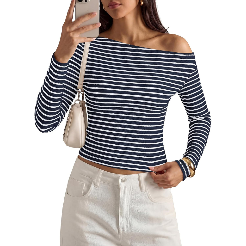 PRETTYGARDEN Womens Tops 2026 Fall Off The Shoulder Long Sleeve Shirts Striped Fitted Y2K T-Shirt Going Out Crop Top