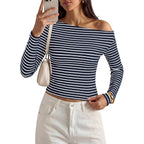 PRETTYGARDEN Womens Tops 2026 Fall Off The Shoulder Long Sleeve Shirts Striped Fitted Y2K T-Shirt Going Out Crop Top
