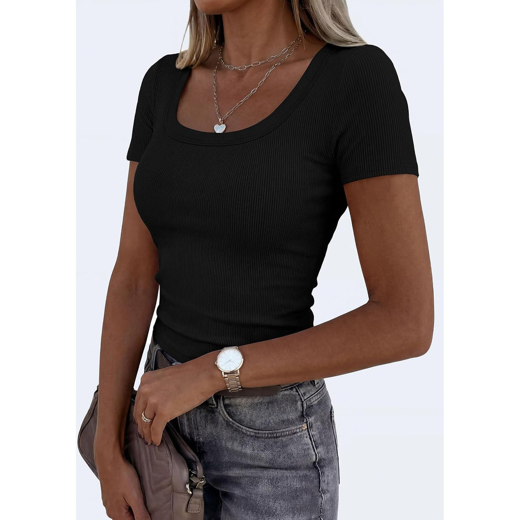 PRETTYGARDEN Scoop Neck Tops for Women 2026 Summer Basic Tees Trendy Short Sleeve Shirts Spring Casual Fitted Ribbed Tops