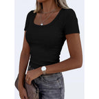 PRETTYGARDEN Scoop Neck Tops for Women 2026 Summer Basic Tees Trendy Short Sleeve Shirts Spring Casual Fitted Ribbed Tops