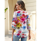 Women's Flowy V-Neck Tunic Top White Colorful Floral