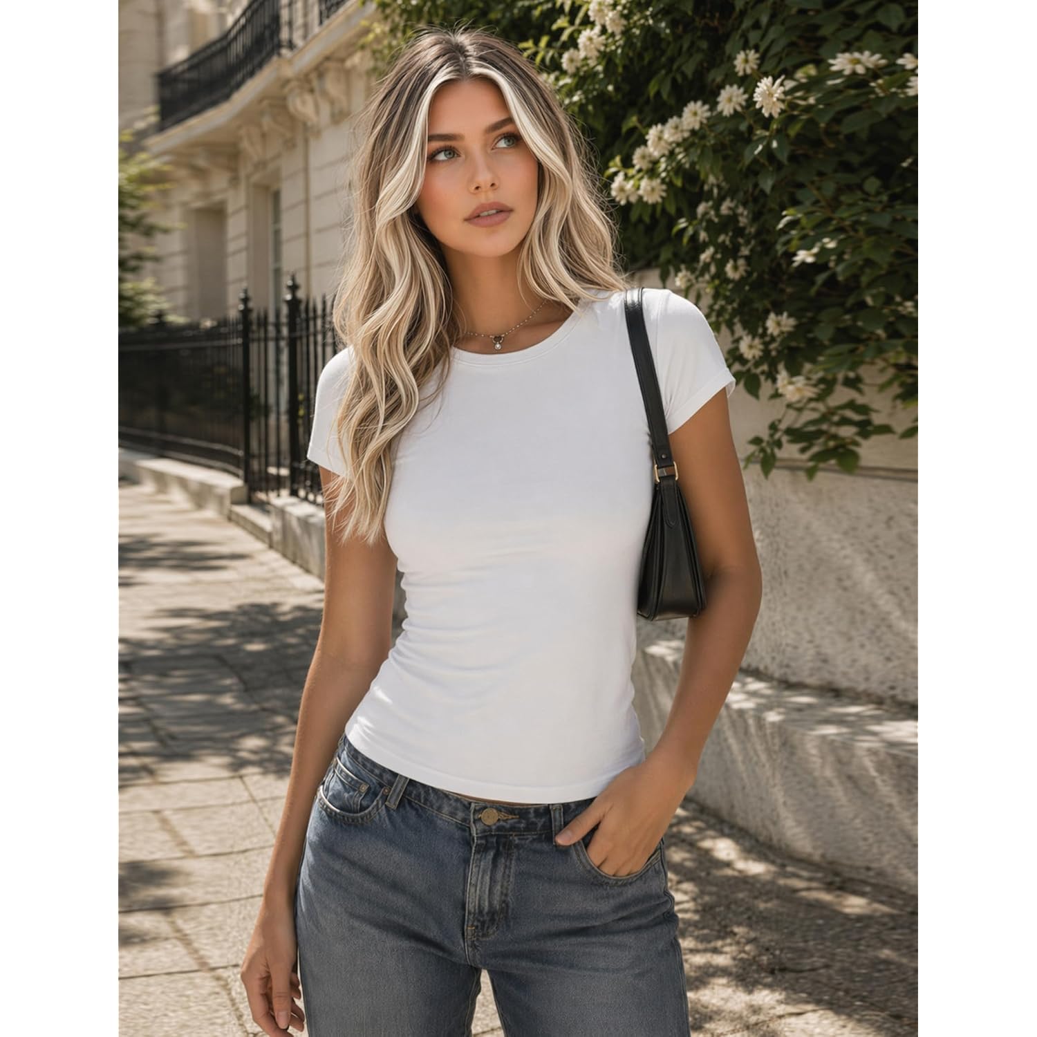 Zeagoo Women Crewneck Slim Fitted Short Sleeve T Shirts Cute Stretchy Bodycon Basic Tee Tops
