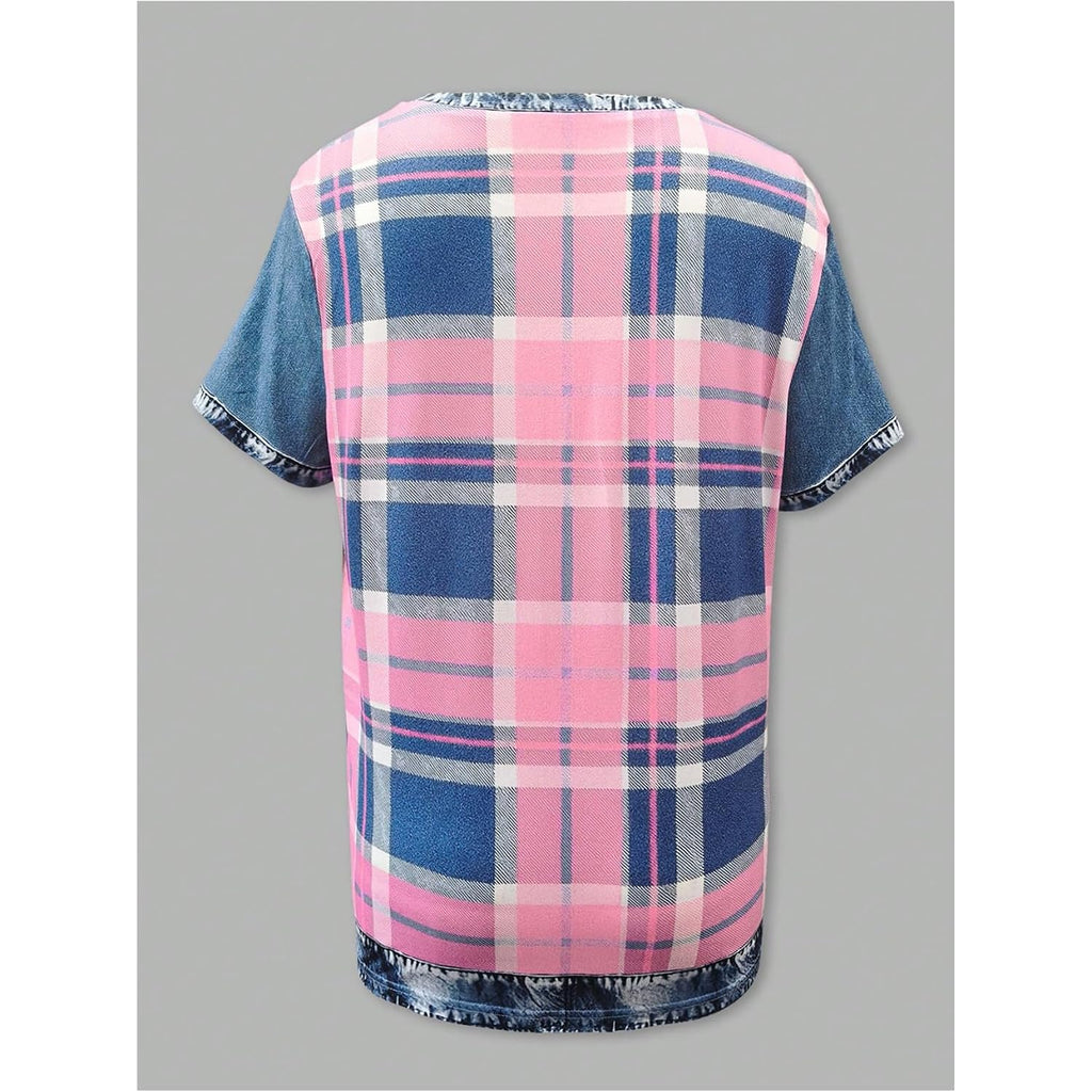 SOLY HUX Women's Vintage Tees Plaid Shirt Denim Short Sleeve T Shirts Summer Tops