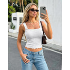 Crop Tank Tops for Women Square Neck Cropped Cami Top Summer Flower Wide Strap Tank Tops Basic Slim Fit Shirts