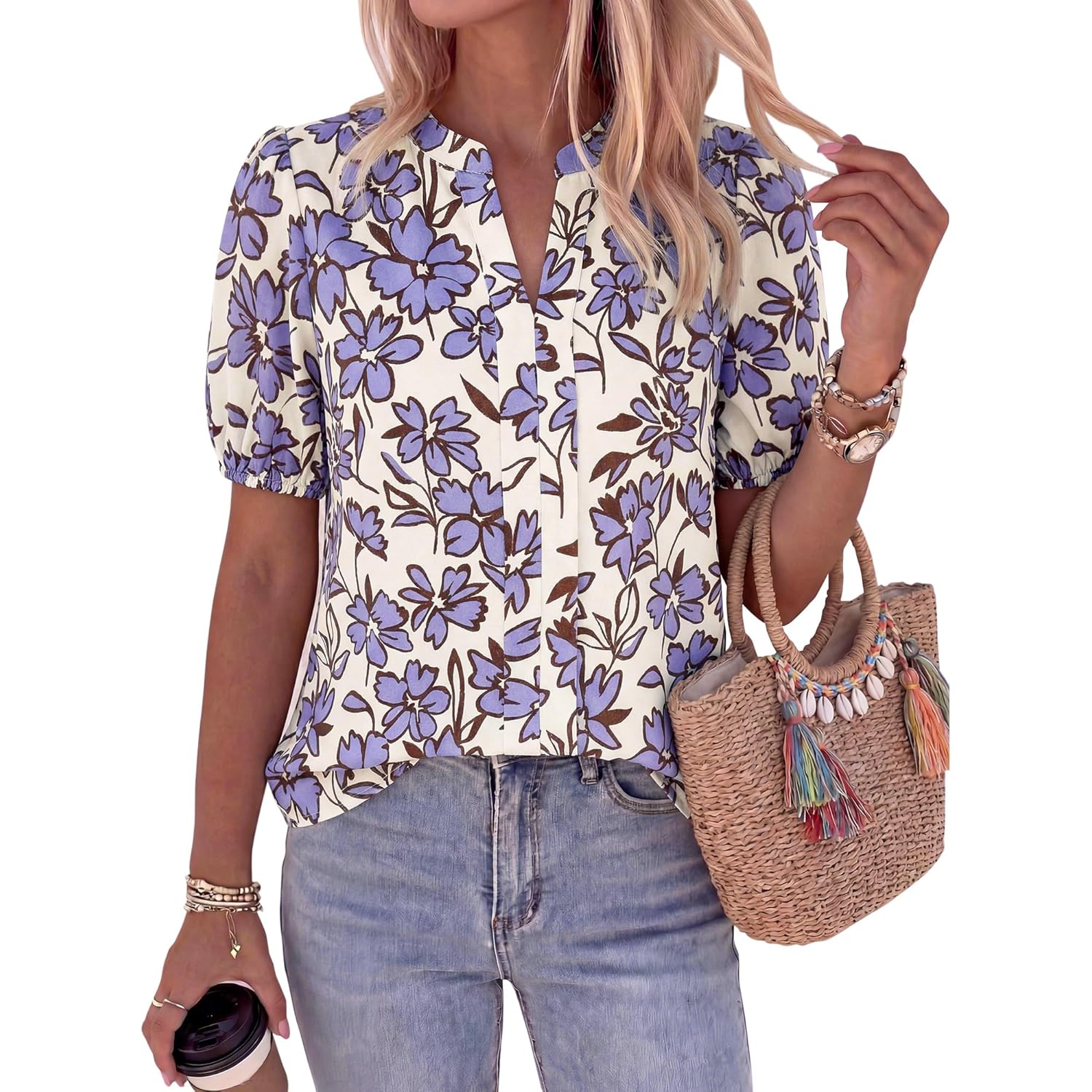 Women's Floral Satin Tunic Top White/Blue Floral