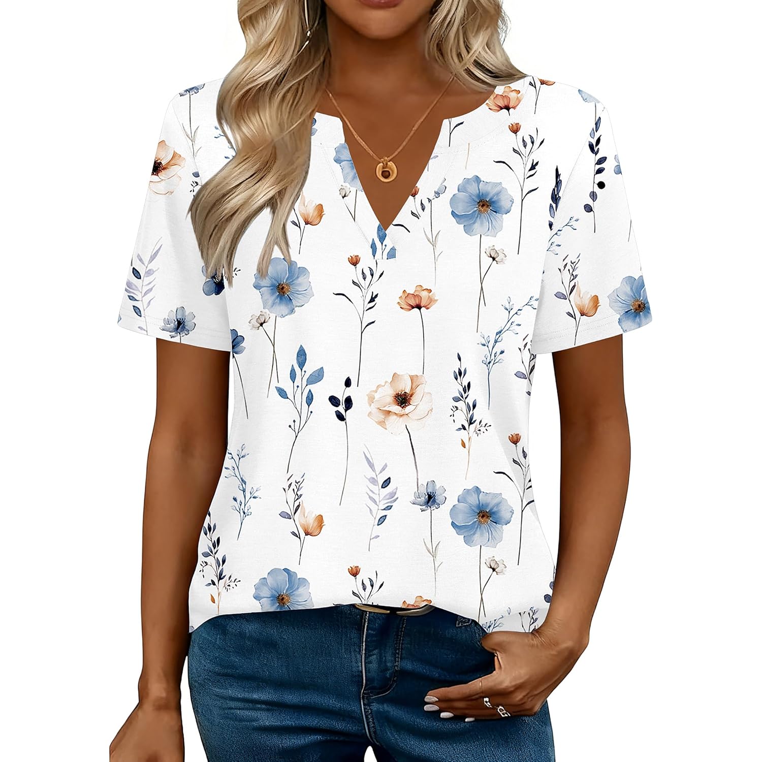 Women's Business Casual V-Neck Tunic Top White Flowers