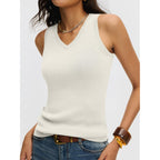 Women's V-Neck Sweater Knit Tank Top Cream White