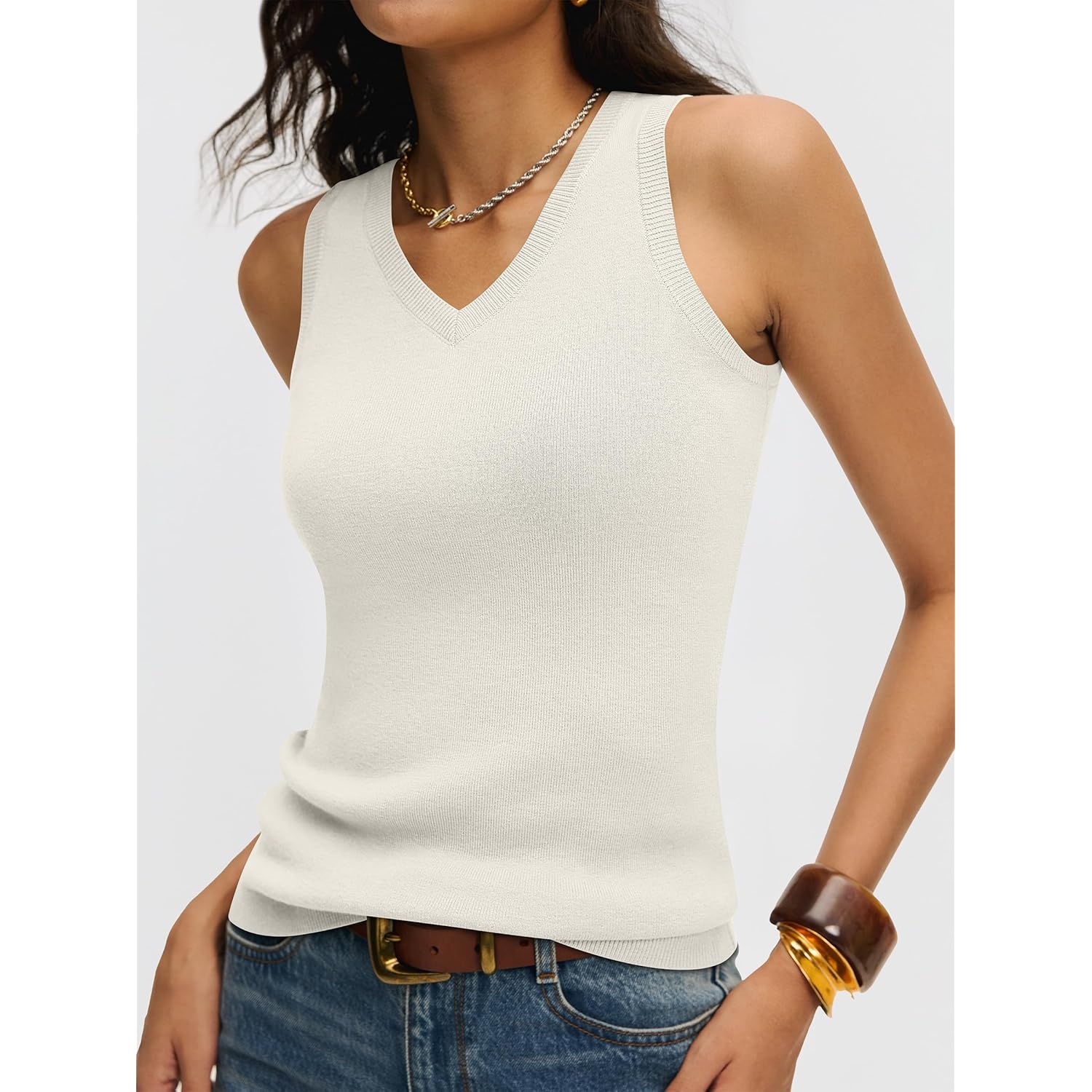 Women's V-Neck Sweater Knit Tank Top Cream White