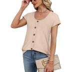WIHOLL Womens Summer Tops Cap Short Sleeve Shirts Button Down Blouses U Neck T Shirts Fashion Clothing