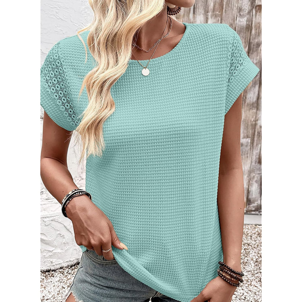 Dokotoo Womens Summer Tops 2026 Waffle Knit Lace Hollow Out Short Sleeve T-Shirts Crewneck Casual Loose Basic Tee Blouses