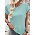 Dokotoo Womens Summer Tops 2026 Waffle Knit Lace Hollow Out Short Sleeve T-Shirts Crewneck Casual Loose Basic Tee Blouses