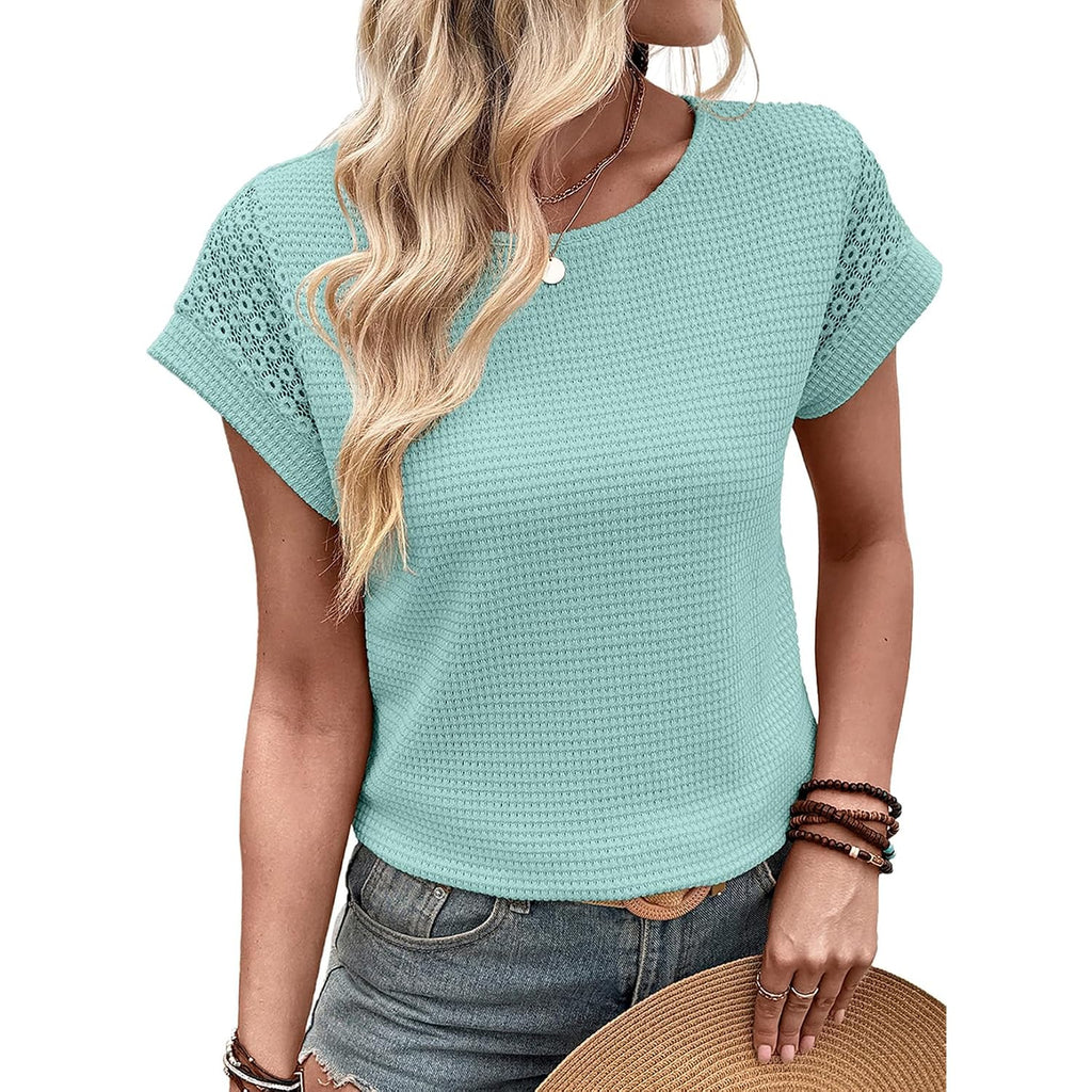 Dokotoo Womens Summer Tops 2026 Waffle Knit Lace Hollow Out Short Sleeve T-Shirts Crewneck Casual Loose Basic Tee Blouses