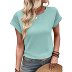 Dokotoo Womens Summer Tops 2026 Waffle Knit Lace Hollow Out Short Sleeve T-Shirts Crewneck Casual Loose Basic Tee Blouses